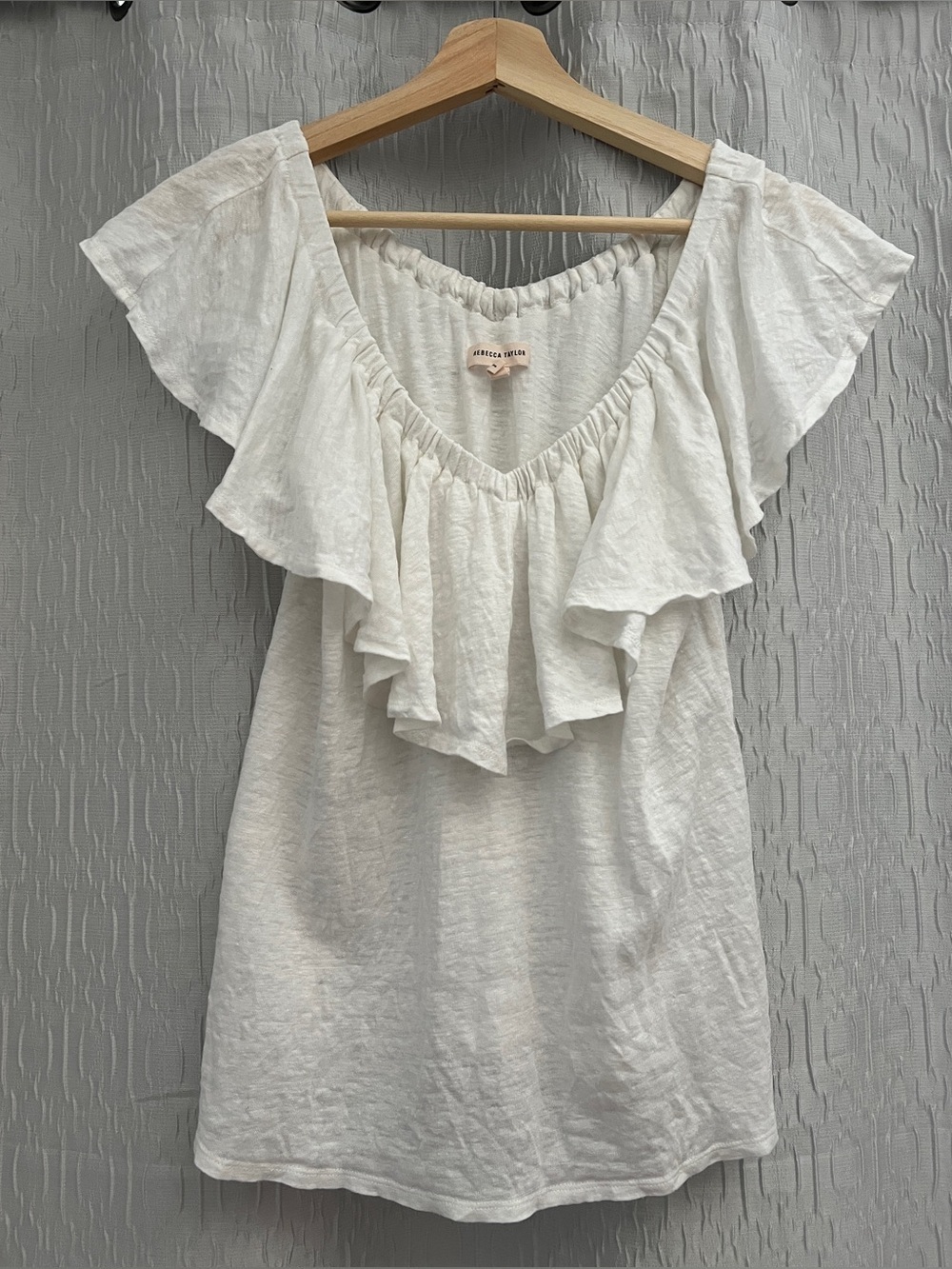 EUC Rebecca Taylor White Ruffle V-Neck Sleeveless Linen Jersey Knit Top